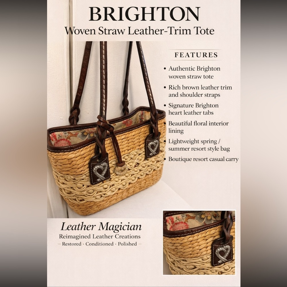 Brighton Straw Woven Brown Leather Trim Beach Summer Resort Shoulder Tote Bag